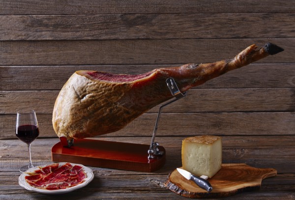 Iberian ham pata negra from Spain manchego cheese and red wine