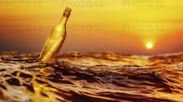 Message in a bottle sunset background 3D illustration
