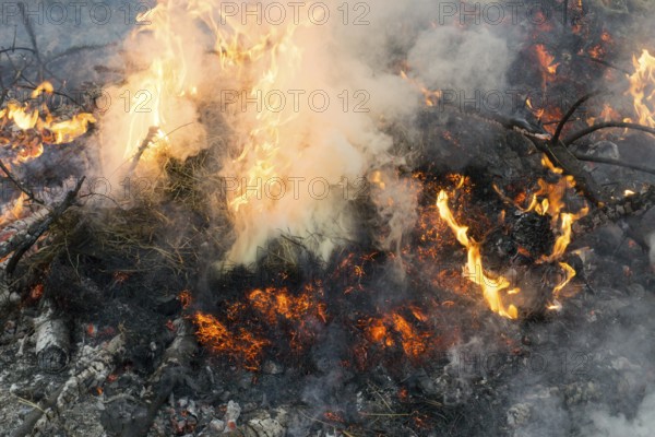 Close-up of fire with smoke, embers and ash