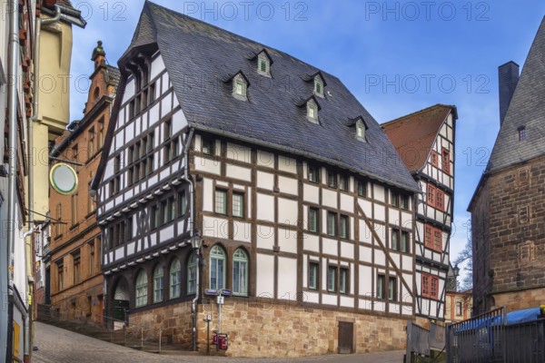 Street in Marburg with half-timbered houses, Germany, Europe