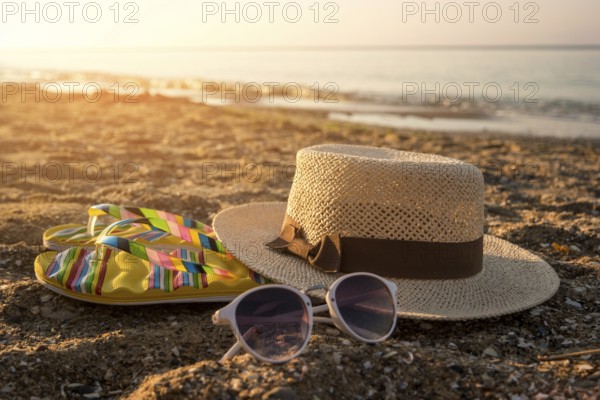 Hat with sunglasses on sand. Flip flops near the sea. The beach is calling. It's time to relax