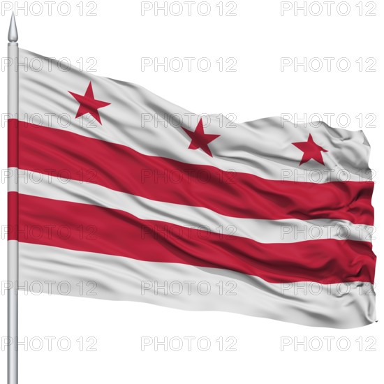 Washington DC City Flag on Flagpole, Capital City of United States of America, Flying in the Wind, Isolated on White Background