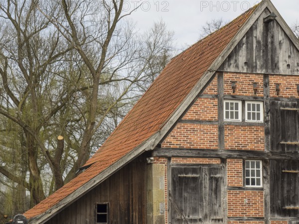 Half-timbered house with striking gable and red roof tiles. Rustic and old-fashioned building with trees in the background, heek, nienborg, münsterland, germany