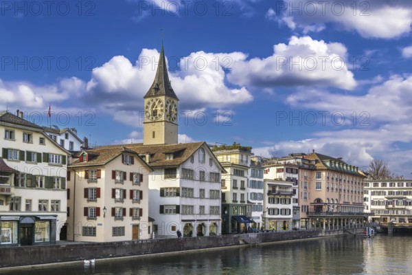 Embankment of Limmat river in Zurich historical center, Switzerland, Europe