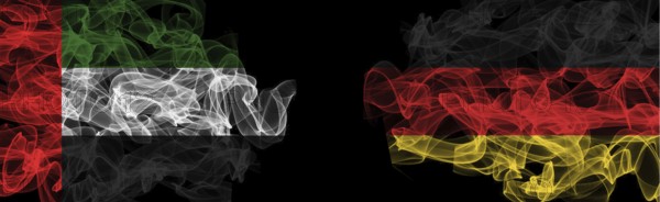 Flags of UAE and Germany on Black background, UAE vs Germany Smoke Flags
