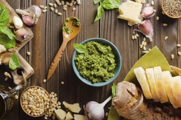 Flat lay view at food background with genovese pesto sauce and its ingredients on wooden kitchen table representing mediterranean cuisine