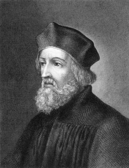 Jan Hus (1369-1415) on engraving from 1859. Czech priest, philosopher, reformer and master at Charles University in Prague. Engraved by Holbein and published in Meyers Konversations-Lexikon, Germany, 1859, Europe