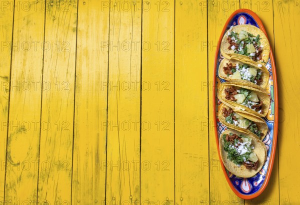 Food, Food, Mexican background with tacos al pastor and mexican sauces. Yellow wooden background, copy space, top view