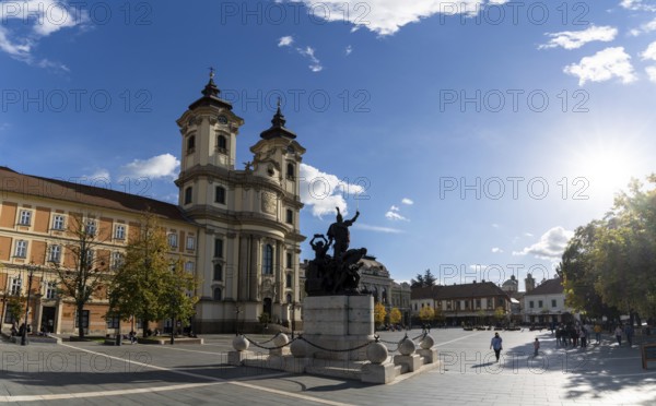 Eger, Hungary, 2 October, 2022: panorama view of the Dobo Istvan Square in Eger with the Antony of Padua Church, Europe