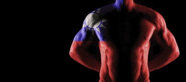 Taiwan flag on muscled male torso with abs, black background