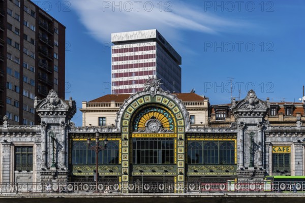 Bilbao, Spain, February 13, 2022: Bilbao-Concordia railway station on the riverside of the estuary of Bilbao, Europe