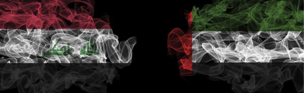 Flags of Iraq and UAE on Black background, Iraq vs United Arab Emirates Smoke Flags