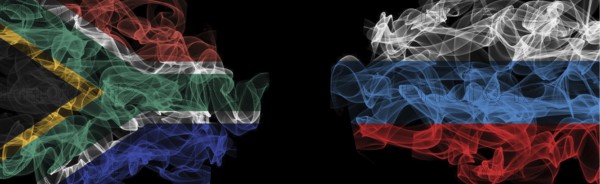 Flags of South Africa and Russia on Black background, South Africa vs Russia Smoke Flags
