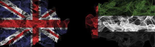 Flags of Union Jack and UAE on Black background, Union Jack vs United Arab Emirates Smoke Flags