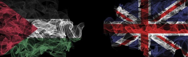 Flags of Palestine and United Kingdom on Black background, Palestine vs United Kingdom Smoke Flags