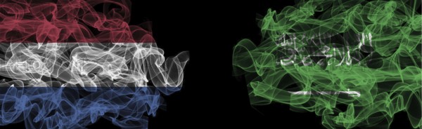 Flags of Netherlands and Saudi Arabia on Black background, Netherlands vs Saudi Arabia Smoke Flags