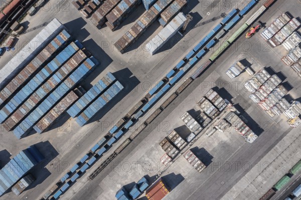 Aerial top view of cargo container terminal with railway, business transportation logistic in trade port