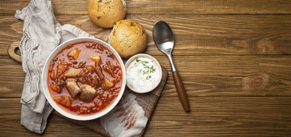 Ukrainian Borscht, red beetroot soup with meat, in white bowl with sour cream, garlic buns Pampushka and salo slices on rustic stone background. Traditional authentic dish of Ukraine, space for text, food photography, food photography