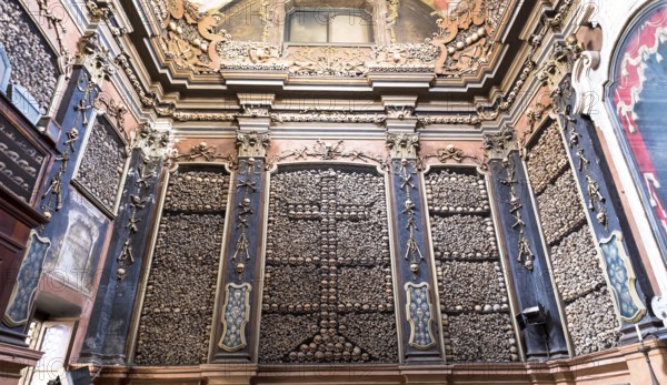 Milan, Italy, Circa August 2020. Ossuary Chapel in San Bernardino alle Ossa Church. Every architectural detail is clad in human bones, Europe