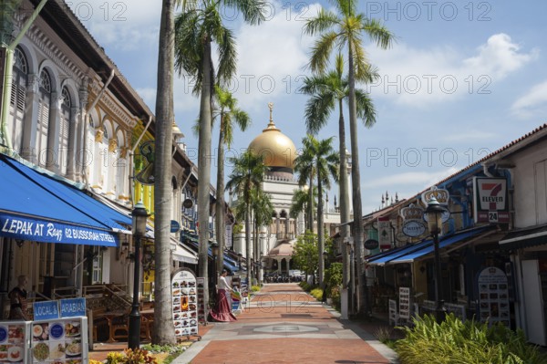 05.05.2020, Singapore, Republic of Singapore, Asia, Exterior view of the Sultan Mosque (Masjid Sultan) in the Muslim Quarter (Kampong Glam) with closed shops in the foreground. With a few exceptions, the vast majority of retailers, as well as all religious institutions such as temples, mosques and churches, remain closed during the lockdown amid the corona crisis (Covid-19), Asia