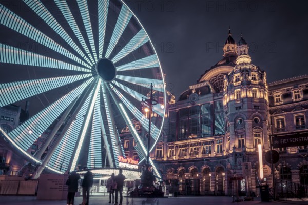 Antwerp, Belgium, March 21st 2024: The View ferris wheel on NMBS Central Railwaystation on Queen Astrid Square in Antwerp, Europe