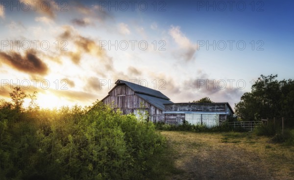 An Old Barn at Sunset, Panoramic Color Image, USA, North America