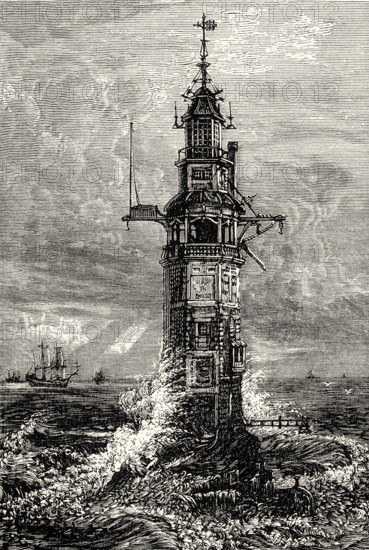 The first lighthouse on Eddystone Rocks built by Henry Winstanley, 1696, Rame Head, Plymouth, England, United Kingdom, Europe