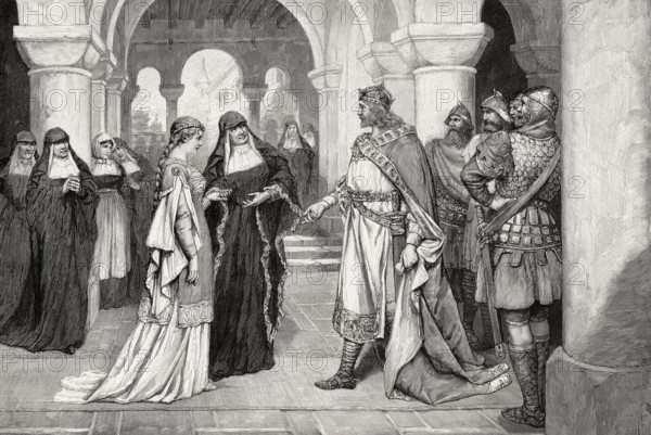 Henry the Fowler making a marriage proposal to Saint Matilda at Herford Abbey, 9th century