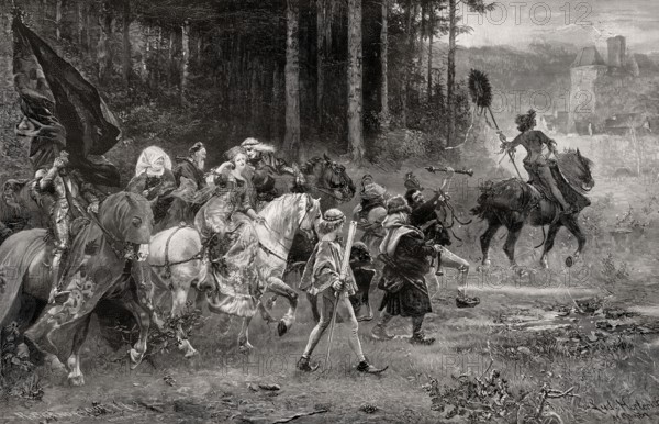 Wedding procession on horseback