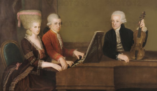 Wolfgang Amadeus Mozart with his sister Maria Anna Nannerl and father Leopold, on the wall a portrait of his dead mother Anna Maria, c. 1780, digitally edited after a painting by Croce