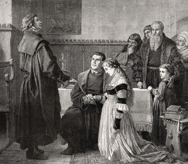 Martin Luther's marriage with Katharina von Bora, 1525, from the left: parish priest Bugenhagen, on the right side witness Dr. Jonas, Abel and the painter Lucas Cranach
