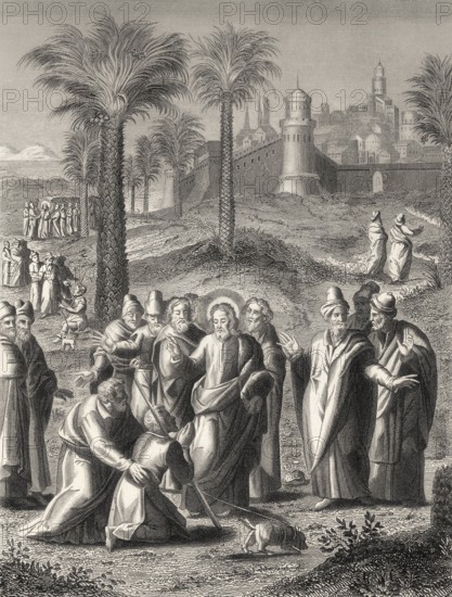 Healing a blind man near Jericho, New Testament, steel engraving 1853, digitally restored
