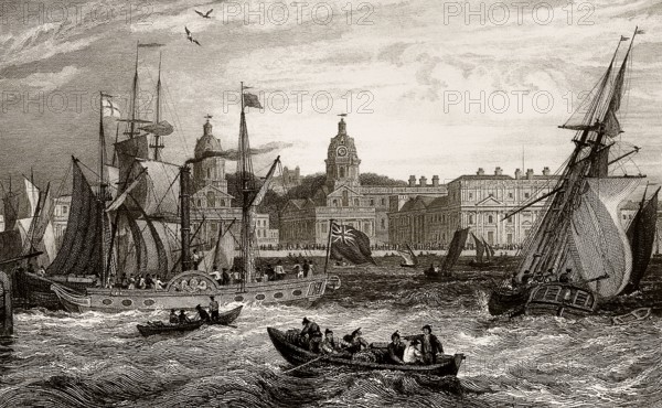 Royal Naval Hospital, seen from the Isle of Dogs, Greenwich, London, UK, 19th century