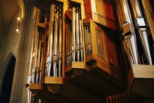 Reykjavik, Iceland - 02 may 2019: The organ inside Hadlgrimskirkya is a Lutheran church in Reykjavik, the capital of Iceland