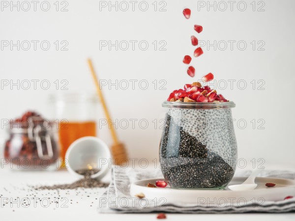 Healthy breakfast concept and idea - two colors chia pudding with organic raw pomegranate. Glass jar with black charcoal and white vegan milk chia pudding with falling pomegranate. Copy space