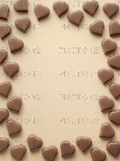 Frame of romantic chocolate confections in heart shapes on pastel yellow background. Canvas with heart chocolate sweets on champagne beige background. Copy space. Valentines day background. Vertical