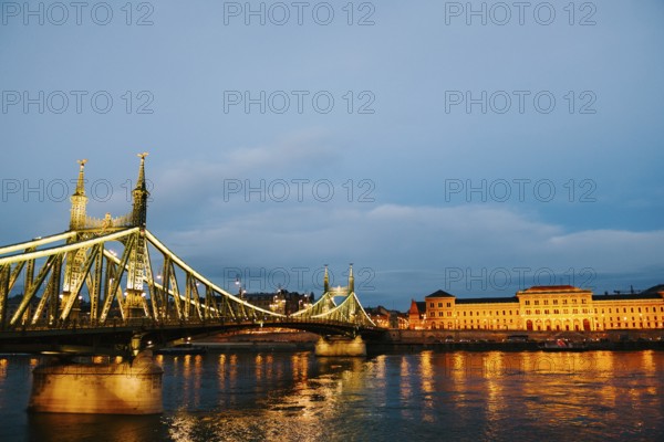 Panorama of the Freedom Bridge and the ensemble of buildings on the shore at night. Side view.