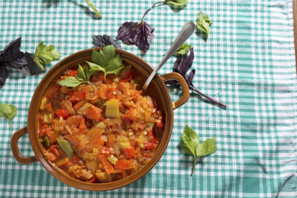 Closeup of delicious stew with mixed vegetables, arranged with green and purple leaves