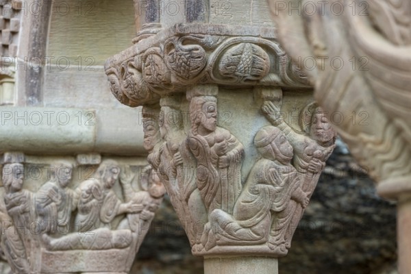 Martha pleading with Christ - the forgiveness of the adulterous woman, Romanesque cloister, Royal Monastery of San Juan de la Peña, Botaya, Huesca, Aragon, Spain, Europe