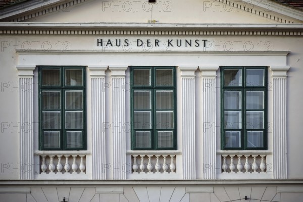 Baden bei Wien, Austria - November 14, 2015: Three windows with columns and the inscription Haus der Kunst on the façade of the exhibition building on 14 November 2015 in Baden bei Wien