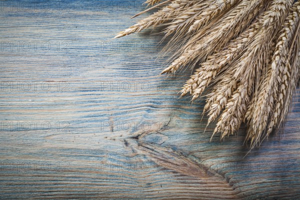 Stack of golden wheat rye ears on vintage wood board