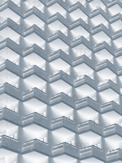 An abstract blue duotone image of large residential highrise building with geometric rows of balconies