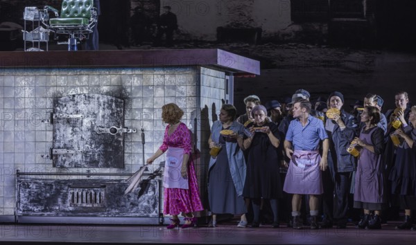 BERLIN, Germany - November 2024: Sweeney Todd (The Demon Barber of Fleet Street) - A musical thriller (1979) in a co-production with the Opéra national du Rhin with music by Stephen Sondheim in a production by Barrie Kosky based on the play of the same name by Christopher Bond. Sweeney Todd, an innocent barber, is falsely arrested and loses his woman and daughter. After years of imprisonment, he returns to London to take revenge on those responsible. Together with the baker Mrs Lovett, he murders his customers and turns their meat into pies, which she sells in her shop. Their murderous partnership unleashes a bloody vicious circle that ultimately leads to tragic consequences for everyone involved. Media rehearsal on 13.11.2024 at the Komische Oper in Berlin Performers: Sweeney Todd: Christopher Purves Mrs Nellie Lovett: Dagmar Manzel Anthony Hope: Hubert Zapiór Johanna Barker: Alma Sadé Tobias Ragg: Tom Schimon Richter Turpin: Jen