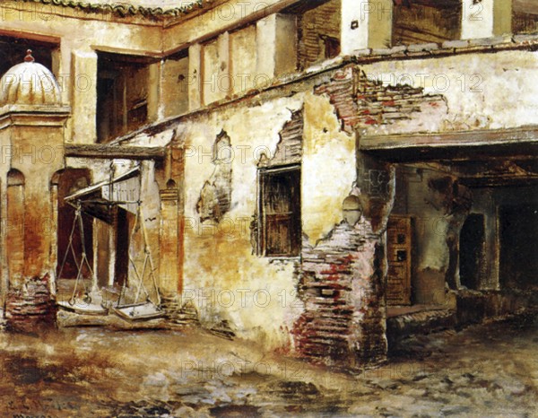 Edwin Lord Weeks (1849 – 1903), American artist and Orientalist, was born at Boston, Massachusetts, in 1849. He was a pupil of Léon Bonnat and of Jean-Léon Gérôme, at Paris. He made many voyages to the East, and was distinguished as a painter of oriental scenes.<br/><br> Weeks' parents were affluent spice and tea merchants from Newton, a suburb of Boston and as such they were able to accept, probably encourage, and certainly finance their son's youthful interest in painting and travelling.<br/><br> As a young man Edwin Lord Weeks visited the Florida Keys to draw and also travelled to Surinam in South America. His earliest known paintings date from 1867 when Edwin Lord Weeks was eighteen years old. In 1895 he wrote and illustrated a book of travels, From the Black Sea through Persia and India