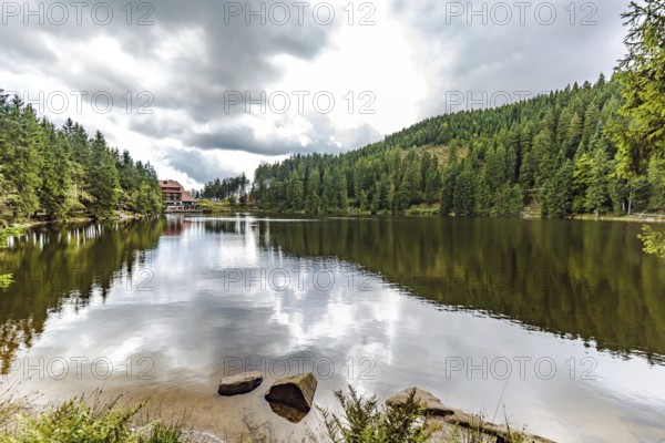 Ruhiger Bergsee mit Spiegelungen der umliegenden grünen Wälder von einem felsigen Ufer aus gesehen an einem sonnigen, bewölkten Tag