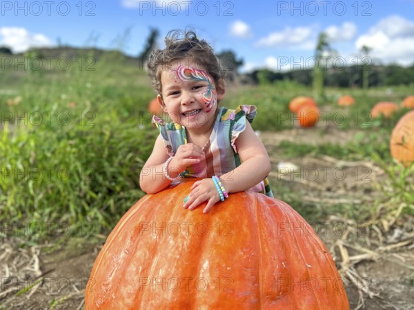 Little girl picking pumpkins on Halloween pumpkin patch. Child playing in field of squash, Thanksgiving holiday season