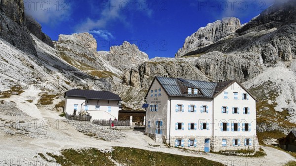 Vajolet Hut (Rifugio Vajolet) below the Vajolet Towers in the Dolomites, Italy, Europe