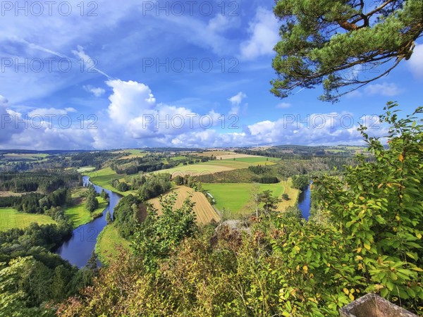 Aerial view of the picturesque river bend at Petersgrat Blick, which meanders through a varied landscape. The scene appears calm and idyllic. Joditz, Köditz, Upper Franconia, Germany, Europe