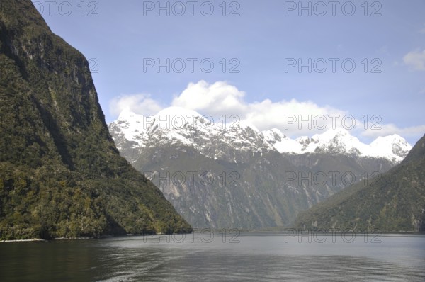 View of Cascades (on left) at Milford Sound, Fiordland, New Zealand, Oceania