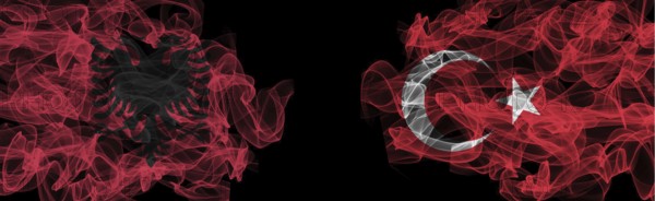 Flags of Albania and Turkey on Black background, Albania vs Turkey Smoke Flags